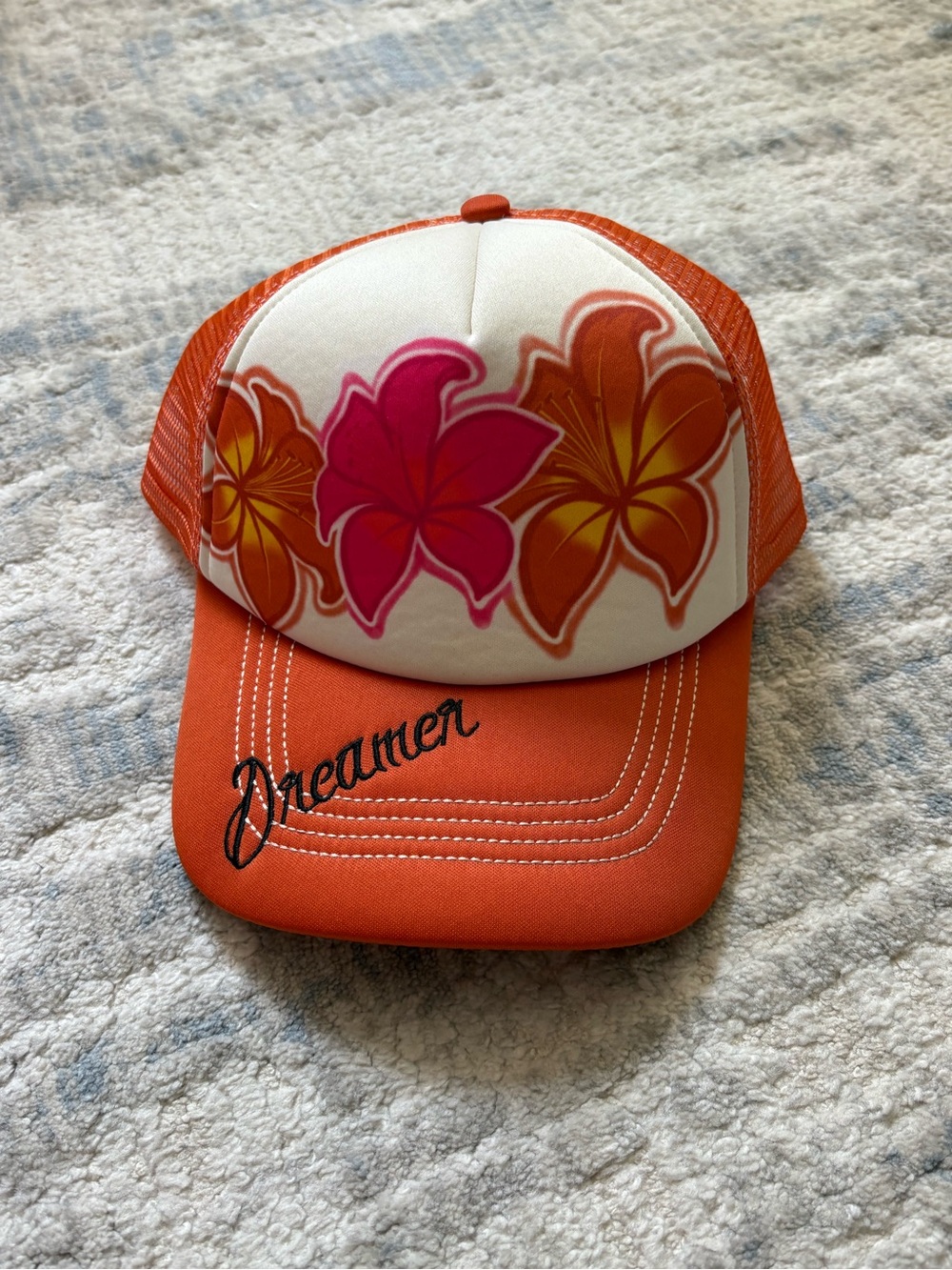 Urban Outfitters Orange Trucker Hat with Pink & Yellow Floral Design